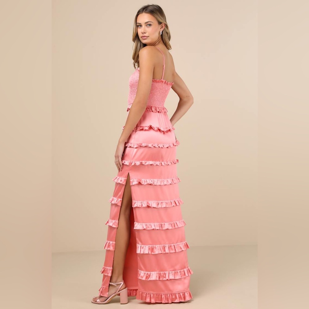 NWT Lulus Sincerely Fabulous Peach Pink Satin Smocked Ruffled Maxi Dress - Picture 4 of 7
